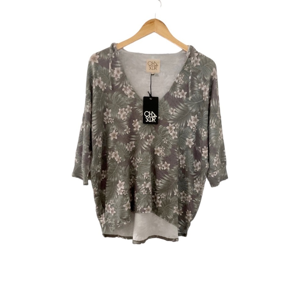 Chaser Vintage‎ Tropical Print V Neck Hooded Sweatshirt Size Medium